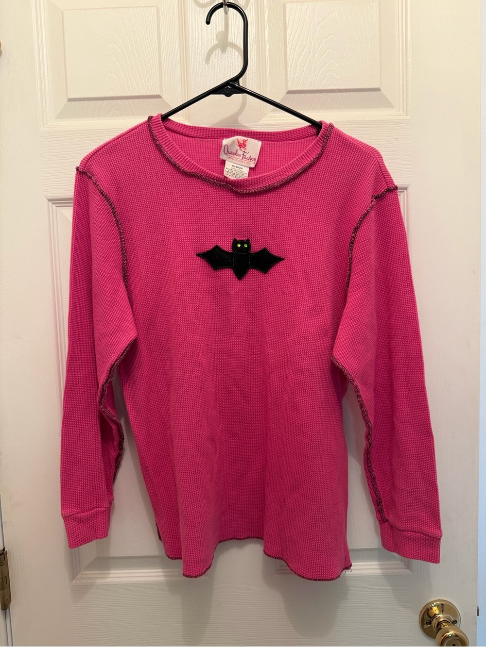 Quacker Factory Pink Girls' Long-Sleeve Waffle Knit Top with Black Bat Applique